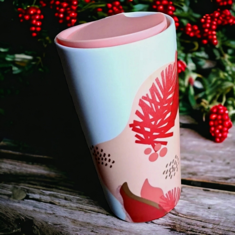 Starbucks 2019 Holiday Double Wall Ceramic Cup Red/Pink Flowers Berries 12 fl oz